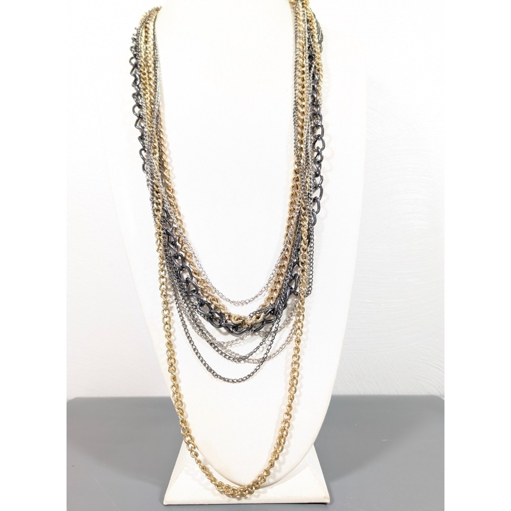 Multi Tone Layered Chain Necklace Gray Silver Gold Heavy Statement 32" Bold Chic
